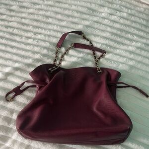 Tory Burch Deep Wine Pebbled Leather Shoulder Bag with Chain Straps